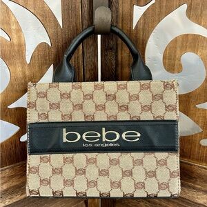 bebe Beige & Brown Logo Satchel with Black Leather Trim